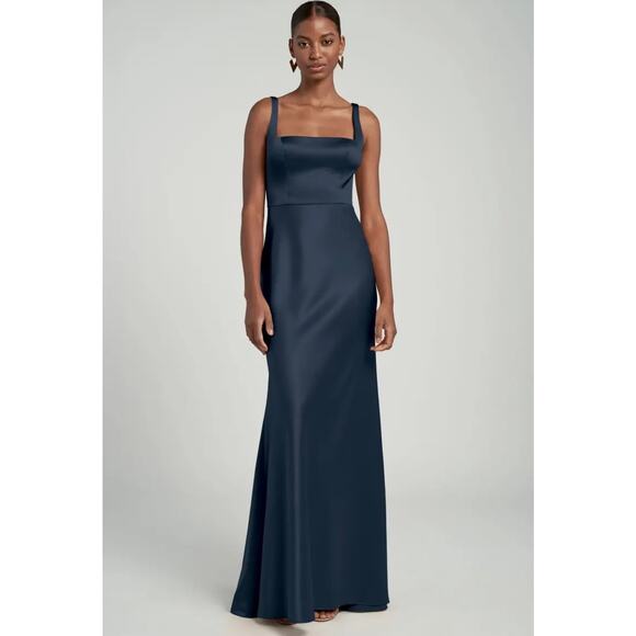 Jenny Yoo Ariana Bridesmaid Dress French Blue US 8 Square Neck Satin Crepe Gown - Picture 2 of 14